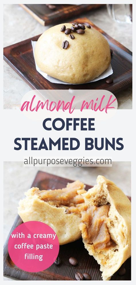 Dessert Bao Bun, Vegan Steamed Buns, Tiki Desserts, Coffee Buns Recipe, Recipes With Almond Milk, Steamed Bread Recipe, Coffee Almond Milk, Steamed Buns Recipe, Steam Buns Recipe