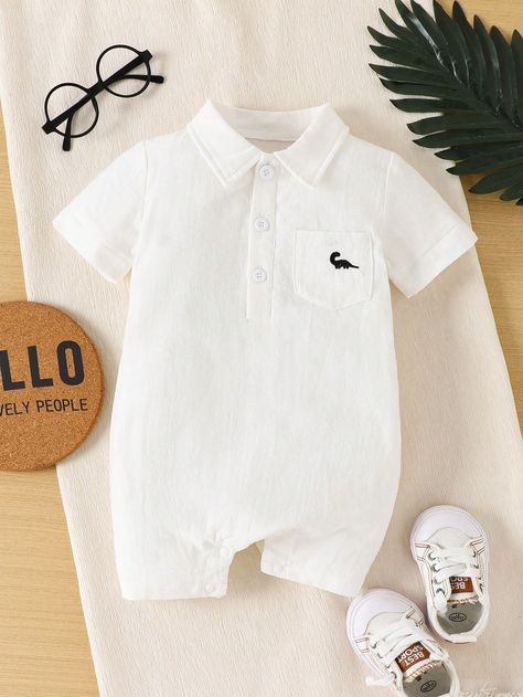 White  Collar Short Sleeve Fabric Cartoon,Dinosaur Shirt,Tee Embellished Non-Stretch  Baby Boys Clothing Random Baby, Embroidered Romper, Baby Boy Clothing, Baby Boy Summer, Summer Baby Clothes, Baby Ootd, Dinosaur Shirt, Boys Summer Outfits, Baby Boy Onesies