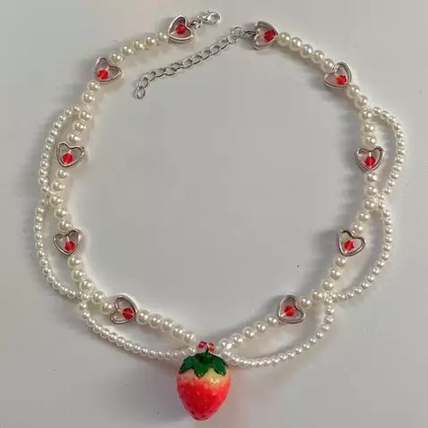 Coquette Strawberry, Kalung Choker, Sleek Jewelry, Strawberry Necklace, Бисер Twin, Gelang Manik-manik, Y2k Necklace, Pola Gelang, Bead Charms Diy