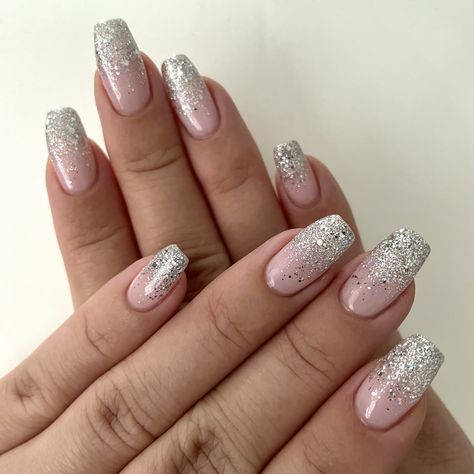 Pink nude base with silver ombre overlay Pink Silver Nail Art, Nails To Match Blush Pink Dress, Silver And Light Pink Nails, White Silver Ombre Nails, Pink Silver Ombre Nails, Pink Silver Nails Designs, Pink And Silver Ombre Nails, Pink White Silver Nails, Nude Glittery Nails