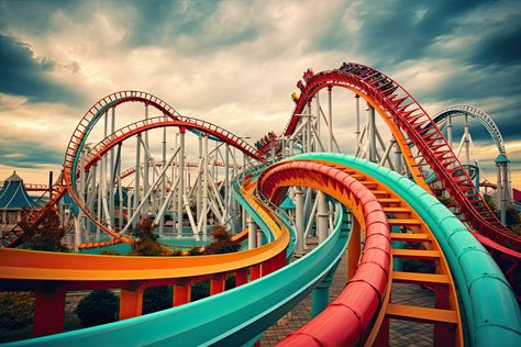 AI generated Amusement park with rollercoaster and blue sky. 3d render, AI Generated Imagica Theme Park, Park Images, Tree Saw, Cityscape Photos, Nature Backgrounds, 3d Render, Heart With Arrow, Background Banner, Amusement Park