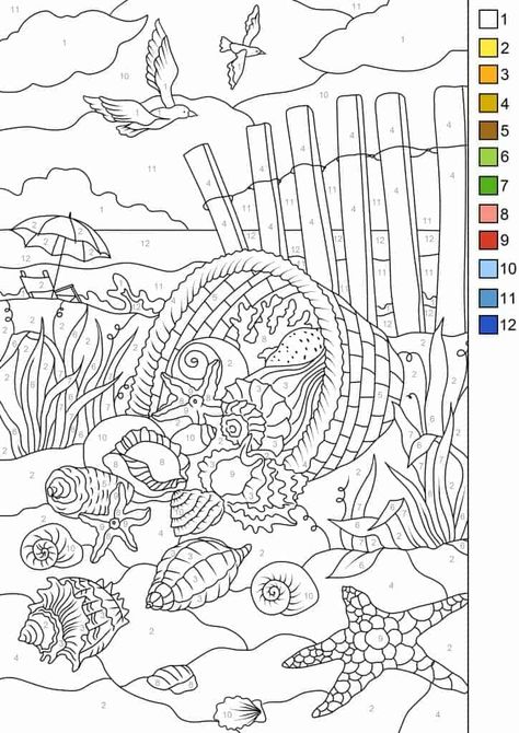 Animals Numbers, Number Coloring Pages, Adult Color By Number, Coloring Animals, Beach Coloring Pages, Color By Number Printable, Numbers Printable, Relaxing Beach, Print Outs