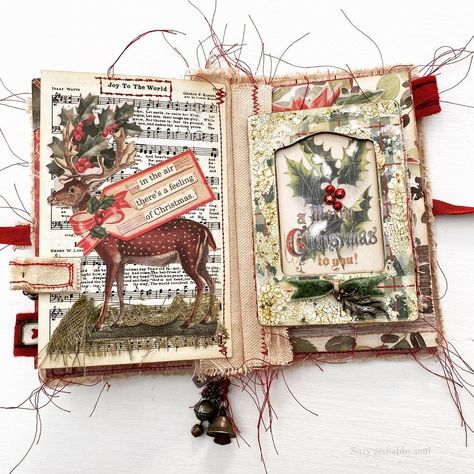 Christmas Embellishments, Book Centerpieces, Christmas Photo Album, Tim Holtz Crafts, Fabric Journal, Christmas Ephemera, Diy Journal Books, Christmas Journal, Fabric Journals