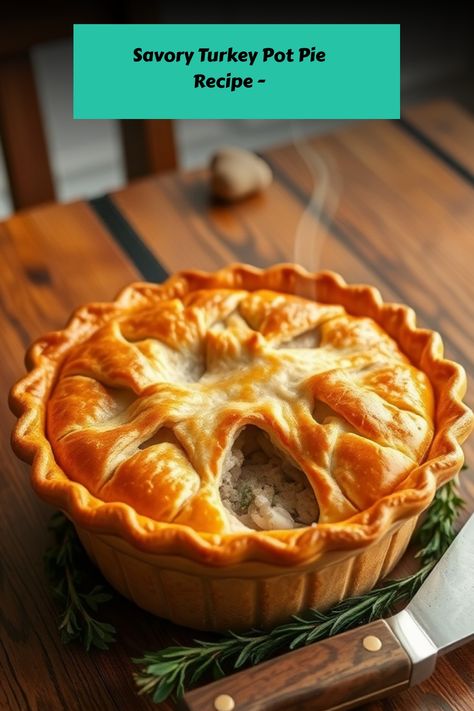 A savory turkey pot pie with a flaky crust, on a wooden table with herbs and a knife. Turkey Pot Pie Recipe, Pot Pie Filling, Shredded Turkey, Turkey Pot, Turkey Pot Pie, Refrigerated Pie Crust, Pot Pie Recipe, Pot Pies Recipes, Flaky Crust