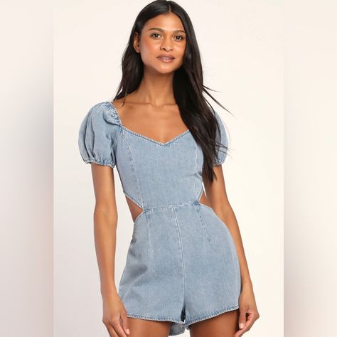 You'll Be The Cutest Person In The Room With The Lulus Blushing Beauty Light Wash Denim Puff Sleeve Romper! Sturdy 100% Cotton Denim Shapes This Sweet Romper With A V-Neckline, A Princess-Seamed Bodice, And Puff Sleeves With Elastic At The Shoulders And Cuffs. An Elastic Band Crosses The Trendy Open Back And Attached Shorts With Elastic At The Back Of The Waist Complete The Look. Nwt Lulu's Blushing Beauty Light Wash Denim Puff Sleeve Romper Size Medium V-Neck Elastic Waist Allows Stretch. May B Gameday Outfits, Lulu Pants, Backless Romper, Denim And Diamonds, Vegas Outfit, Beauty Light, Denim Romper, Gameday Outfit, Long Sleeve Romper