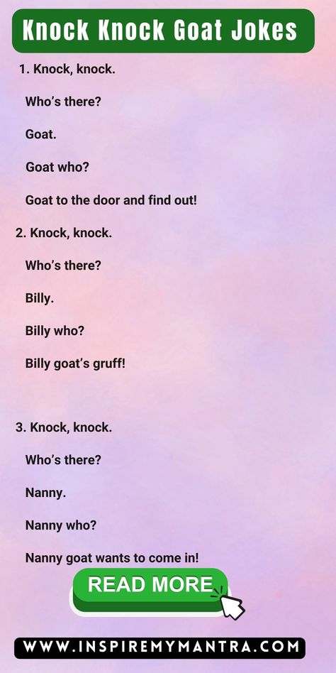 Knock Knock Goat Jokes Billy Goats Gruff, Funny Puns Jokes, Puns Jokes, One Liner, Funny Puns, No Time, Brighten Your Day, Out Loud, Knock Knock