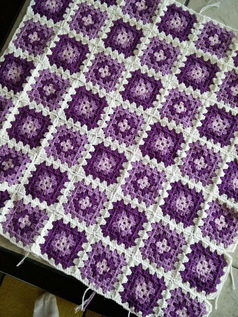 Multi Size Granny Square Blanket, Purple And White Crochet Blanket, Purple And Blue Crochet Blanket, Purple And Black Crochet Blanket, Crochet Blanket With Fabric Backing, Crochet Purple Blanket, Purple Granny Square Blanket, Crochet Shell Blanket, Purple Afghan