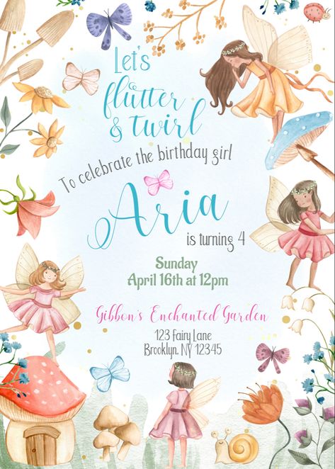 White background on kids invitation that has fairies and florals as well as some mushrooms and bugs. Watercolor illustration clip art Fairy Theme Birthday Party, Fairy Garden Birthday Party, Fairy Garden Party, 1st Birthday Party Invitations, Garden Party Birthday, Fairy Birthday Party, Garden Birthday, Fairy Birthday, Forest Garden