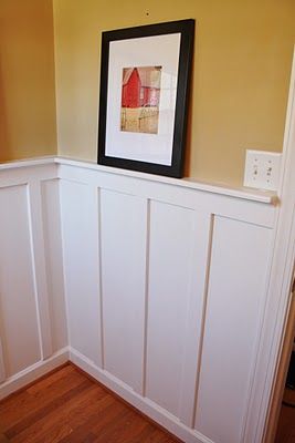 I think I might want a ledge when we do the board & batten wall in the dining room. Add Board And Batten, Wall Paneling Ideas, Craftsman Wainscoting, Wainscoting Living Room, Wainscoting Nursery, Picture Frame Wainscoting, Black Wainscoting, Paneling Ideas, Wainscoting Stairs