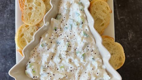 Holiday Halibut Dip Halibut Dip Recipes, Halibut Dip, Christmas Dinner Menu, Frozen Seafood, French Baguette, Hot Dip, Recipe Notes, Holiday Cooking, White Bread