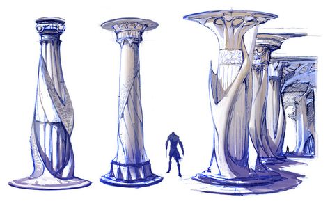 Atlantis Column Designs Sign Concept Art, Library Concept Art, Atlantis Design, Concept Art Architecture, Atlantis Art, Columns Design, Architecture Pictures, Column Design, Architecture Drawing Art