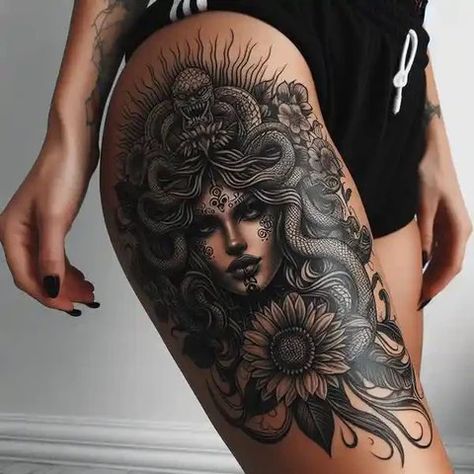 Medusa Thigh Tattoo Women, Medusa Tattoo On Thigh, Medusa Thigh Tattoo, Medusa Tattoo Thigh, Medusa Tattoo Ideas, Tattoo Medusa, Medusa Tattoos, Upper Thigh Tattoos, Thigh Tat