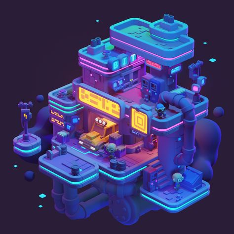 Cyberpunk Garage, Futuristic Garage, Fantasy World Art, Cyberpunk House, Cyberpunk Building, Scifi Environment, Digital Art Programs, Cyberpunk Games, Isometric Map