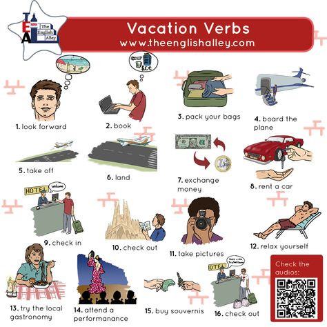 August is almost here and for many people that means … vacation!   Notice that for #13 you can simply say “try the local food” or “try the local cuisine,” but the word gastronomy adds a nice touch.  Which of this vocabulary is new for you? Are you taking a trip this year or not? Tell us in the comments!  #vacationvocabulary #englishinuse #improveyourvocabulary #learnenglishonline #onlineenglishclasses #learnenglishwithus #vacationswhereiwannabe #summertimevocabulary #vocabularyfortraveling Vacation Vocabulary English, Travel Vocabulary English, Travel Vocabulary, Verbs Vocabulary, English Conversation For Kids, Summer Vocabulary, Verbs Activities, Travel English, English Teaching Resources