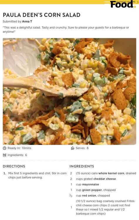 Corn Salad Recipe With Fritos Paula Dean, Frito Corn Dip, Recipe With Fritos, Frito Recipe, Chili Cheese Fritos, Corn Salad Recipe, Paula Dean, Corn Salad Recipes, Corn Dip