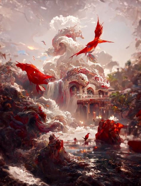 Fire Fantasy Landscape, Fire Village Fantasy Art, Fire City Fantasy Art, Fire Kingdom Fantasy Art, Fire Fantasy World, Fantasy Fire Kingdom, Coral Palace, Kingdom Of Fire, Fire Village