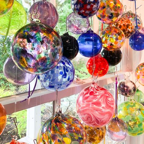 How To Display Glass Balls, Suncore Aesthetic, Glass Balls Display, Hanging Glass Globes, Pride Wedding, Handblown Glass Ornaments, Witch Ball, Hanging Stained Glass, Hand Blown Glass Art