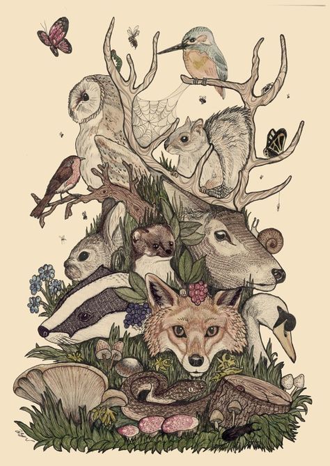 Woodland Folk by Callum Bishop Illustration Of Animals, Animal Sleeve Tattoo, Basic Tattoos, Animals And Birds, Full Sleeve Tattoo, Full Sleeve Tattoos, Sleeves Ideas, Sleeve Tattoos For Women, Art Et Illustration