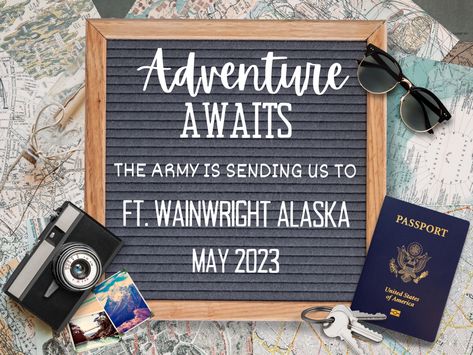 #pcs #militarywife #militarymove #pcsannouncementideas #movingideas We're Moving Announcement, Moving Announcement Photo, New Home Photo, Moving To Alaska, Photo Backdrop Ideas, Military Move, Digital Announcement, Moving Announcement, We're Moving