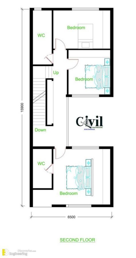 House Plans 6.5×15 With 3 Bedrooms - Engineering Discoveries House Plans 2 Storey, Duplex Plans, Modern Floor Plans, Courtyard House Plans, House Plans 3 Bedroom, Duplex House Plans, Architectural Floor Plans, Home Design Floor Plans, Narrow House