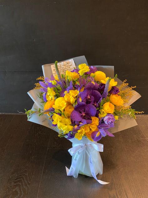 Purple And Yellow Roses, Purple And Yellow Flower Bouquet, Tangled Flower Bouquet, Rapunzel Flower Bouquet, Tangled Bouquet, Rapunzel Bouquet, Yellow And Purple Aesthetic, Purple And Yellow Bouquet, Wedding Flower Arrangements Purple