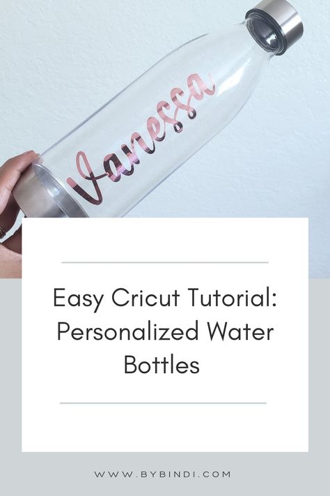 Easy cricut tutorial: personalized vinyl decals for water bottles Cricut Personalized Water Bottles, Cricut Bottle Vinyl Decals, Cricut Projects Vinyl Tumblers Cute Ideas, Cricut Water Bottle Vinyl Decals Name, Personalized Water Bottles Vinyl Decals, Water Bottles With Vinyl, Vinyl Decal Sizes For Water Bottles, Names On Water Bottles Cricut, Diy Water Bottle Labels Cricut