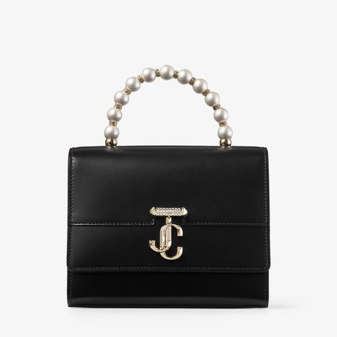 Avenue Tophandle/S | Black Box Leather Top Handle Bag with Pearls | JIMMY CHOO Bridal Flat Sandals, Jimmy Choo Bags, Jimmy Choo Bridal, Designer Wedding Shoes, Bridesmaid Bags, Jimmy Choo Bag, Black Leather Tote Bag, Pearl Leather, Gold Crystal