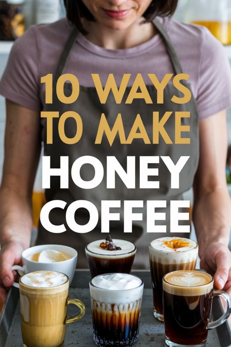 Barista holding a tray of various honey-flavored coffee drinks. Whipped Honey Coffee Recipe, Coffee Recipes At Home Hot Easy, Healthy Coffee Recipes At Home, Fancy Coffee At Home, Cinnamon Latte Recipe, Coffee Recipes Hot, Coffee Recipe Healthy, Whipped Honey, Beverage Ideas