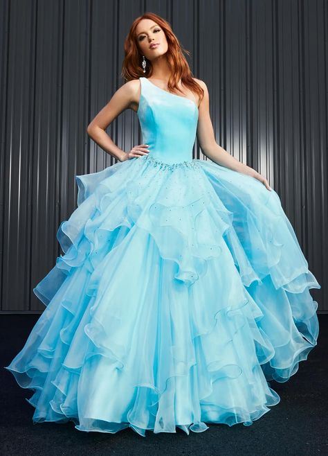 Layered Skirt Prom Dress, One Shoulder Ball Gown, Ruffle Ball Gown, Hankerchief Skirt, Organza Frocks, Ball Gown Elegant, Blue Frock, Full Gown, Velvet Bustier