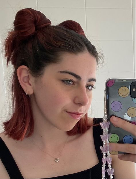 red hair medium length half up space buns Red Hair Medium Length, Half Up Space Buns, Space Buns, Easy Hairstyle, Hair Medium, Half Up, Buns, Medium Length Hair Styles, Medium Length