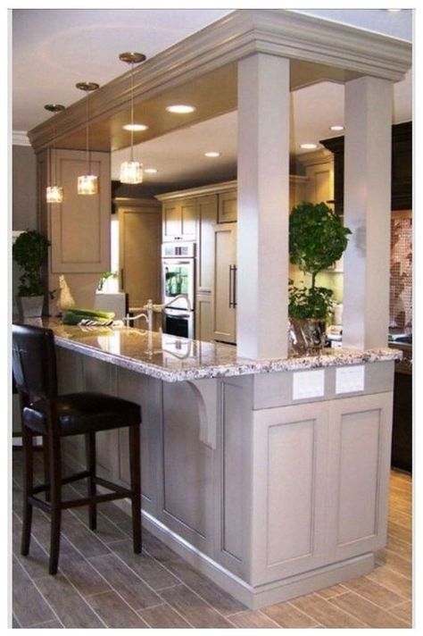 Island Between Columns, Cool Kitchen Features Storage Cabinets, Kitchen Pillar Ideas, Kitchen Island With Support Post, Kitchen Pass, Condo Kitchen Remodel, Basement Designs, Simple Kitchen Remodel, Kitchen Remodel On A Budget