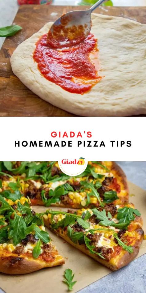 It’s true – you can make a delicious Neapolitan-style pizza without any special equipment at all. Just follow Giada's easy tips for the perfect homemade pizza. There’s a whole world of at-home pizza making gadgets out there – and while a lot of them are really cool, you don’t need anything fancy to make a great pizza at home. Here are Giada’s tips for making a Neapolitan-style pizza without special equipment: no pizza ovens, pizza peels, or even stones necessary. Homemade Oven Pizza, Perfect Homemade Pizza, Broccoli Pizza, Giada Recipes, Italian Pizza Recipe, Pizza At Home, Pizza Making, Armenian Recipes, Tailgating Recipes