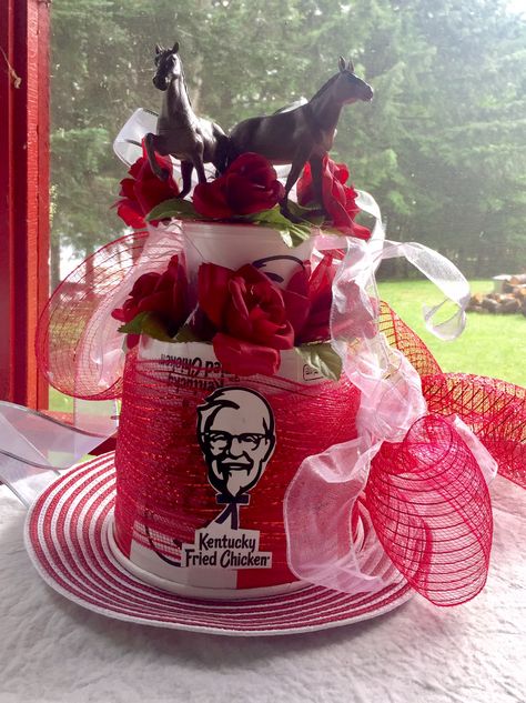 Kentucky Fried Chicken funny Derby hat.  Going to the Kentucky Derby or just having a Kentucky Derby party. Everyone needs a funny hat!!  Custom hats available at reasonable prices. Sandrabrowndesigns.com Kentucky Derby Hats Men, Funny Derby Hats Diy Ideas, Kentucky Derby Party Hats Diy, Funny Derby Hats, Homemade Kentucky Derby Hats, Make Your Own Derby Hat, How To Make A Kentucky Derby Hat, How To Make A Derby Hat, Absurdist Fashion