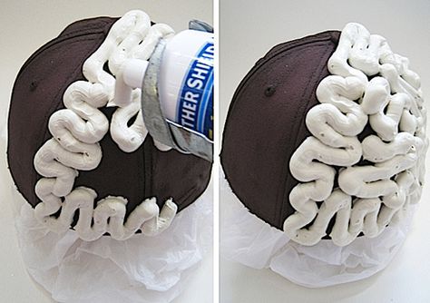 DIY Brain Cap made from an old cap and caulking material.  Good for Science  project or Halloween costume. Brain Models, Brain Craft, Zombie Halloween, Halloween Props, Halloween Projects, Science Projects, Halloween Horror, Costume Halloween, Diy Halloween