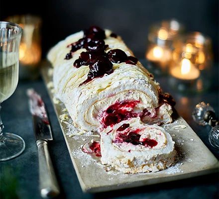 White forest meringue roulade Meringue Roulade, Roulade Recipe, White Forest, Make Ahead Desserts, Festive Desserts, Bbc Good Food, Bbc Good Food Recipes, Christmas Pudding, Cake Roll