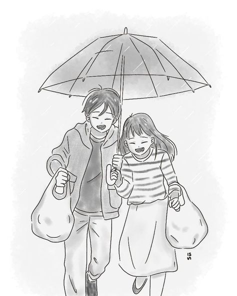 Couple Under Umbrella Drawing Anime, Couple Umbrella Drawing, Two People Under Umbrella Drawing, Couple In The Rain Drawing, Girl And Boy Best Friends Drawing, Girl And Boy Couple Drawing, Rain Aesthetic Drawing, Friendship Sketches, Couple With Umbrella