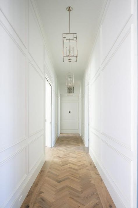 Chevron Pattern Wooden Floor in Hallway - Transitional - Entrance/foyer Wall Panels Design, Wall Molding Design, Panels Design, White Wall Paneling, Wall Framing, California Ranch, Hallway Flooring, Wall Panel Design, Colored Ceiling