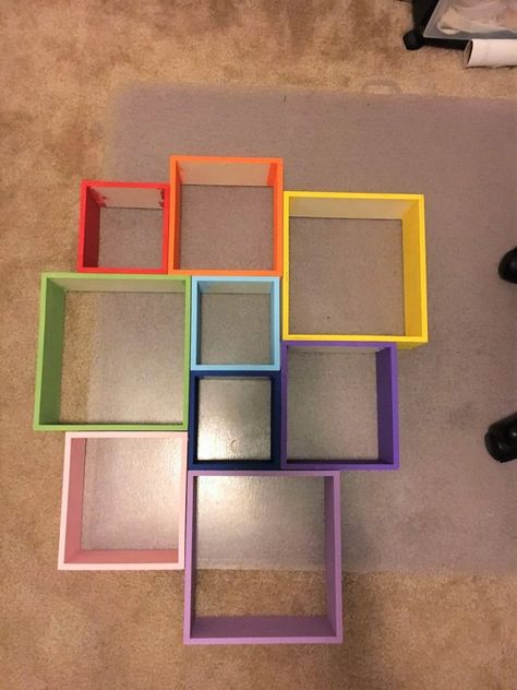 ROYGBIV is all you need » Fantastically Colorful DIY Rainbow Shelves Rainbow Floating Shelves, Rainbow Home Decor Diy, Rainbow High Doll Storage, Rainbow Theme Bedroom Ideas, Rainbow Shelf Decor, Diy Rainbow Decorations Room Decor, Rainbow Living Room Decor, Rainbow High Bedroom, Diy Unicorn Bedroom Decor