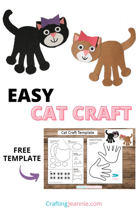 Easy Cat Crafts Preschool, Kitten Crafts For Preschoolers, Handprint Cat, Cat Projects For Preschool, Cat Art Activities For Preschool, Cat Art For Preschoolers, Dog And Cat Art Preschool, Black Cat Craft, Cat Crafts Preschool