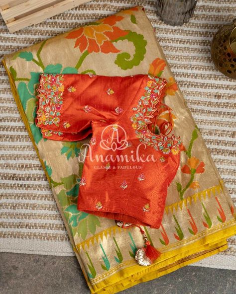 Orange Work Blouse Designs, Pythani Sarees Blouse Designs, Benarasi Blouse Design, Pythani Sarees, Paithani Blouse Designs Latest, Magam Work, Latest Bridal Blouse Designs, Banaras Sarees, Latest Blouse Designs Pattern