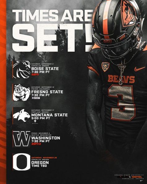 Schedule Graphic, Football Poses, Football Schedule, Football Photography, Sports Design Inspiration, Oregon State University, Sports Graphics, Sports Graphic Design, Oregon State