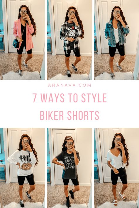 Biker Shorts Outfit Shoes, Shoes To Wear With Biker Shorts, Bike Shorts Fall Outfit, Cute Outfit With Biker Shorts, How To Wear Biker Shorts Casual, Look Biker Shorts, Biker Shorts Fall Outfit, Summer Outfits With Biker Shorts, How To Style Biker Shorts Summer