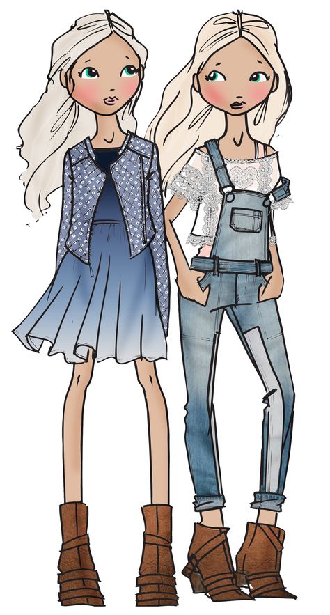 teen girls - denim looks SS14 Art Teen, Children Sketch, Illustration Girl, Girls Illustration, Two Girls, Girls Denim, Childrens Illustrations, Teen Girls, Childrens Fashion