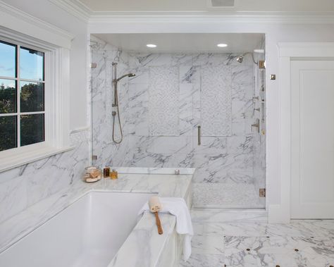 Allwood Construction - bathrooms - double shower, shared shower, his and her shower heads, white marble shower, marble shower surround, mosa... Shower Marble, Classic White Bathrooms, White Marble Shower, Double Shower Heads, Ceiling Shower Head, Big Shower, Mosaic Marble, Marble Showers, Double Shower