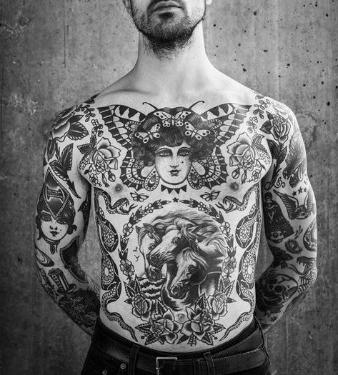 Front Piece Tattoo, Traditional Tattoo Torso, Traditional Tattoo Back Piece, Chest And Back Tattoo, Old School Tattoos, Animal Sleeve Tattoo, Tattoos Traditional, Torso Tattoos, Rose Tattoos For Men