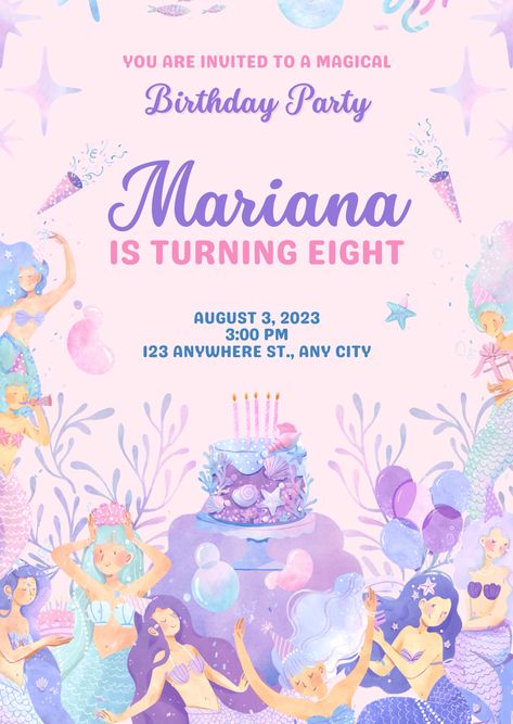 Cute Pastel Mermaid Birrthday Invitation Card Unique Birthday Invitations, Mermaid Birthday Party Invitations, Colorful Invitations, Mermaid Birthday Invitations, Mermaid Theme Party, Birthday Party Invitation Templates, Mermaid Birthday Party, Birthday Printables, Mermaid Birthday