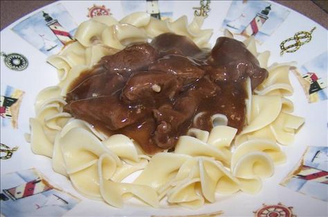 Easy Beef Noodles Recipe | Beef Tips Over Noodles Recipe - Food.com - 210379 Beef Asado Recipe, Beef Tips Over Noodles, No Peek Beef Tips, Beef Tips And Noodles, Meat Gravy, Beef Tip Recipes, Beef And Potato Stew, Beef Tips And Gravy, Mexican Beef