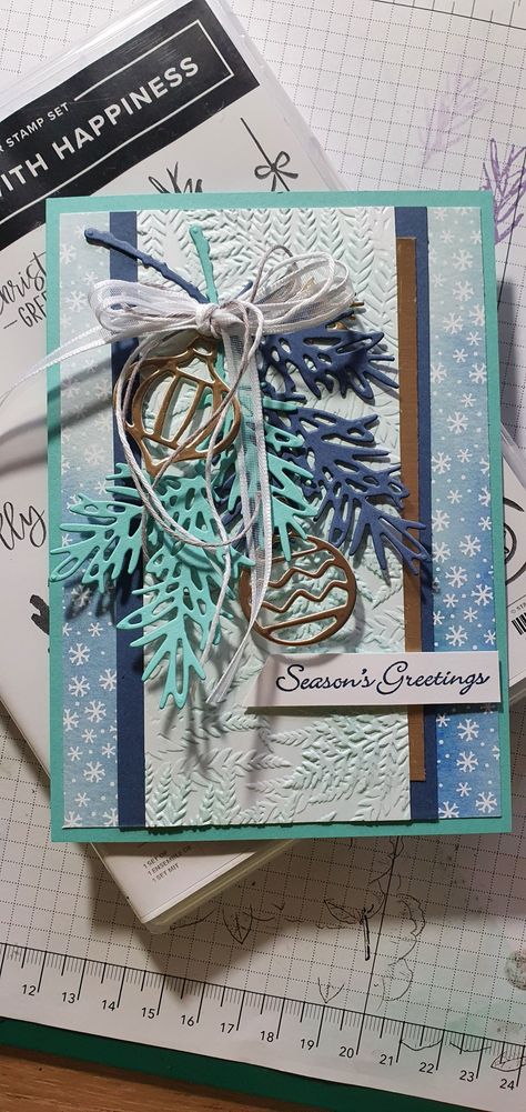 Christmas card in blue! Decorated With Happiness, Papercraft Christmas Cards, Stamped Christmas Cards, Stampin Up Christmas Cards, Christmas Card Crafts, Su Cards, Xmas Cards, Stampin Up Cards, Paper Craft