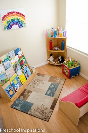 How to set up a preschool. Here is an in home preschool with learning centers. It's a bright, relaxing atmosphere with Montessori, Reggio, and traditional preschool elements. Book Center Preschool Classroom, Quiet Center Preschool, Preschool Quiet Area, In Home Preschool, Preschool Inspirations, Preschool Set Up, Preschool Classroom Setup, Preschool Library, Home Preschool