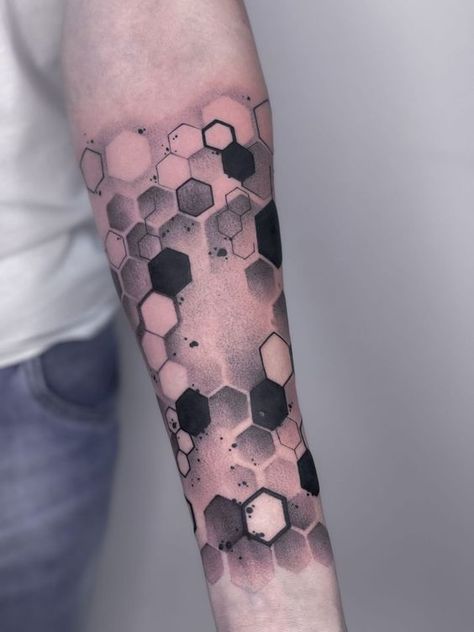 Honeycomb Hand Tattoo, Geometric Honeycomb Tattoo Design, Mens Quad Tattoo, Hexagon Pattern Tattoo, Geometric Honeycomb Tattoo, Hexagon Tattoo, Honeycomb Tattoo, Half Sleeve Tattoos For Guys, Awesome Tattoos